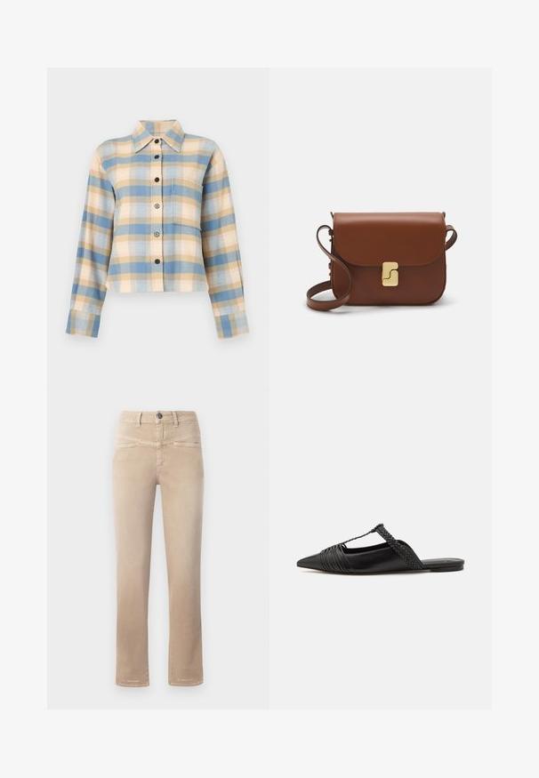 Cămașă în carouri cu guler structurat, având modele în nuanțe de albastru, bej și roz, mâneci lungi și nasturi negri pe față.; Jeans bej cu croi drept, fabricate dintr-un material moale, dotate cu închidere frontală cu nasture, două buzunare frontale și detalii de cusătură subtile.; Pantofii din piele neagră cu curea la spate au vârful ascuțit, prezentând un accent țesut și un design superior pliat. Talpa joasă cu hardware minim.; Geantă de piele maro cu închidere tip capac, accesorii de culoare aurie, curea de umăr și o textură netedă. Formă compactă și rectangulară.