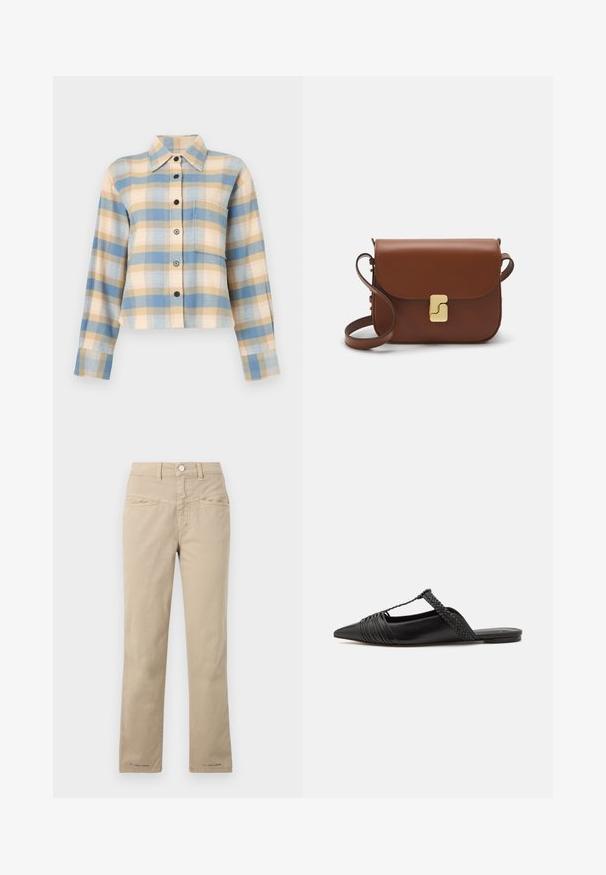 Károvaná košile se strukturovaným límečkem, s modrými, béžovými a růžovými kostkovanými vzory, dlouhými rukávy a černými knoflíky vpředu.; Beige bavlněné kalhoty s rovným střihem, se zapínáním na přední knoflík, dvěma předními kapsami a jemnými švy.; Černé kožené slingback boty se špičatou špičkou, s tkaným akcentem a plisovaným designem svršku. Plochá podešev s minimálním kovovým zapínáním.; Hnědá kožená kabelka s klopou, zlatými kovovými detaily, ramenním popruhem a hladkým povrchem. Kompaktní obdélníkový tvar.