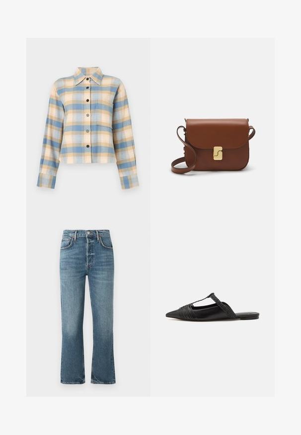 Rūtainā krekls ar strukturētu apkakli, ar zilo, bēšo un rozā rūtiņu rakstu, garām piedurknēm un melniem pogām priekšpusē.; Gaiši zili džinsi ar augstu jostasvietu, taisnu kāju dizainu un vieglu izbalējumu. Iekļauj klasisko piecu kabatu stilu un metāla pogu aizdari.; Melnas ādas slingback kurpes ar norādītu purngali, kurām ir austoša akcenta un krokota augšdaļa. Plakana zole ar minimālu aparatūru.; Bordo ādas rokas soma ar atloku, zeltītām detaļām, plecu siksnu un gludu virsmu. Kompakta, taisnstūrveida forma.