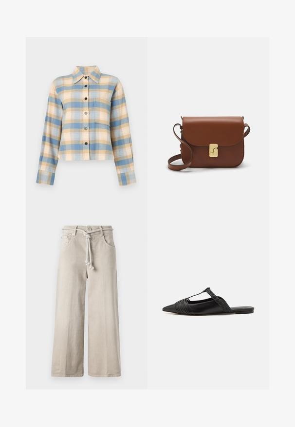 Camisa de cuadros con un cuello estructurado, que presenta patrones de cuadros en azul, beige y rosa, de manga larga y con botones negros en el frente.; CLOSED LYNA - Vaqueros boyfriend - beige; Zapato de piel negra tipo slingback con punta afilada, que presenta un detalle trenzado y un diseño superior plisado. Suela plana con hardware mínimo.; Bolso de mano de cuero marrón con cierre de solapa, herrajes en tono dorado, correa para el hombro y una textura suave. Forma rectangular compacta.