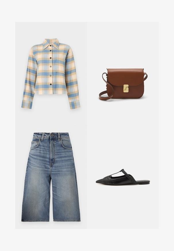 Károvaná košeľa so štruktúrovaným golierom, s modrými, béžovými a ružovými vzormi, dlhými rukávmi a čiernymi gombíkmi na prednej strane.; Modré denimové culottes s vysokým pásom, voľným strihom, svetlom modrou prateľnosťou, prednými vreckami, viditeľným šitím a zapínaním na gombík v páse.; Čierne kožené sandále so špičatou špičkou, ktoré majú tkaný detail a zborený dizajn vrchnej časti. Plochá podrážka s minimálnym hardvérom.; Hnedá kožená kabelka s klopou, zlatými kovovými prvkami, ramenným popruhom a hladkým povrchom. Kompaktný obdĺžnikový tvar.