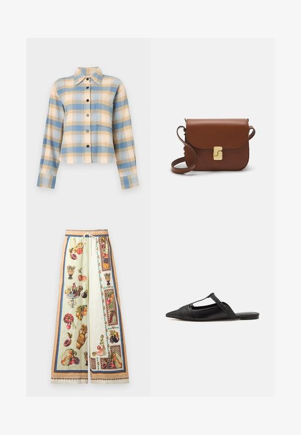 Sirgeeritud kraega plaidsärgid, mis sisaldavad siniseid, beeže ja roosa ruudumustreid, pikad varrukad ning mustad nööbid ees.; Kerged sääred kergedest kangast, millel on pastellroheline taust ja värvikad puuviljade ja vaaside illustreerimised. Elastne vöökoht ja kinnitusnöör.; Must kuulsad nahast kandadega kingad, millel on terav nina, koos kootud detaili ja volditud ülaosaga. Lame tald minimaalse riistvaraga.; Pruunist nahast käekott, millel on klapiga sulgur, kuldne riistvara, õlarihm ja sile tekstuur. Kompaktne ristkülikukujuline vorm.