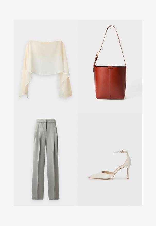 MAX&Co. NEWCIOE - Bluse - off white; Lysegrå skræddersyede bukser med en glat tekstur, der har plisseringer foran, en bred benlængde og en tætsiddende talje.; Hvide læder højhælede sko med spids tå, ankelrem og en slank stiletto-hæl. Glat tekstur med subtilt glansfuld finish.; Brun læderspandtaske med justerbar skulderrem og guldfarvet spænde, enkel lodret sømdetalje foran.