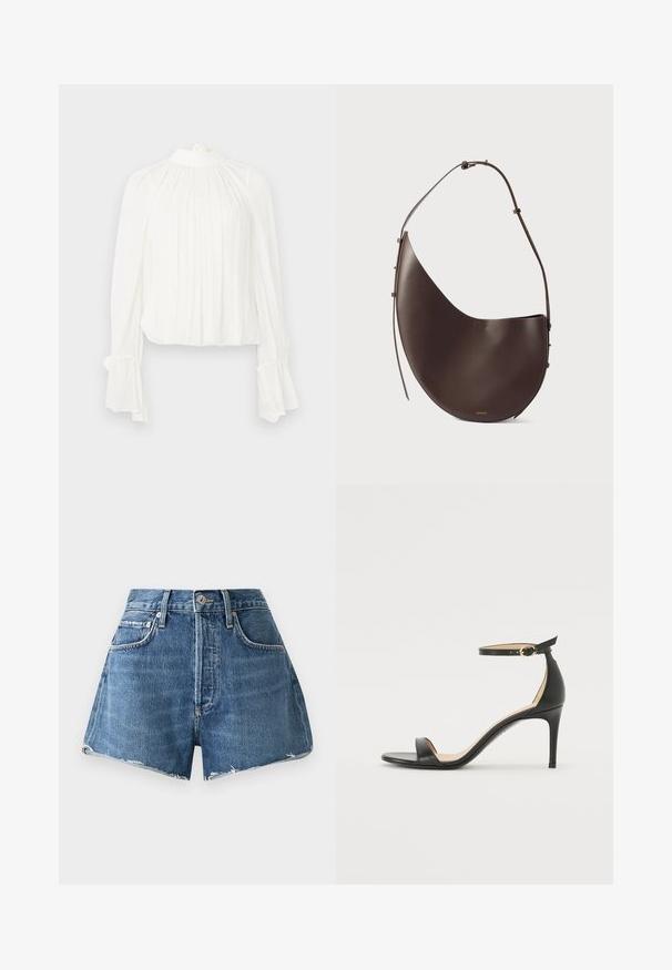 Fehér blúz hosszú, bővülő ujjal és magas nyakkivágással. Puha redőkkel díszített az elején, mandzsettánál összegyűjtött részlettel.; Világoskék farmer rövidnadrág magas derékkal, rojtos szegéllyel, oldalzsebekkel és látható varrási részletekkel. Klasszikus gombos és cipzáras záródással rendelkezik.; Fekete bőr magassarkú szandál bokapánttal. Simább textúrájú, nyitott orrú és vékony sarkú. Arany színű csat részlet.; Barna bőr kézitáska ívelt formával, egyszálú pánttal és minimalista dizájnnal. Diszkrét logóval és arany színű fém részekkel rendelkezik.