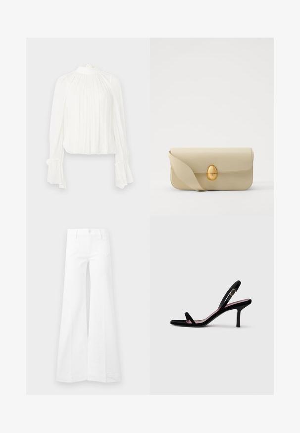 Valge pluus pikkade, lehvivate varrukate ja kõrge kaelusega. Ees pehmed voldid ja mansettidel kogumismotiiv.; Valged kõrge vöökoht ja laienevad püksid südamekujuliste esikottidega, nupu sulgemise ja vööloopidega, esitatud lihtsal taustal.; Mustmust naiste kõrge kontsaga sandaalid mustast nahast kitsaste rihmadega ja kullavärvi pandlaga valgel taustal, külgvaade.; Beež nahast käekott, millel on sile tekstuur, ristküliku kujuline ja kuldne ovaalne lukustus. Omab pikka, reguleeritavat rihma.