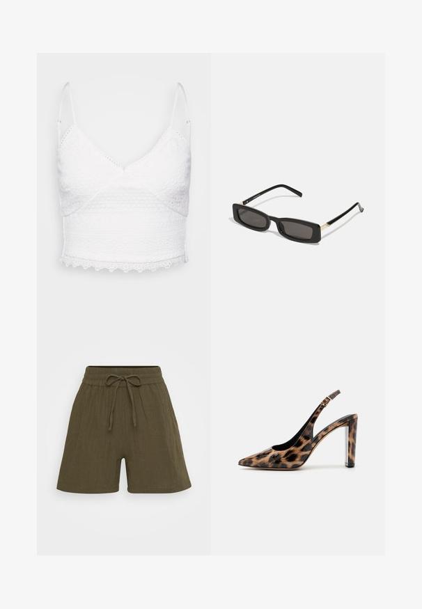 Bralette bianco in pizzo con spalline regolabili, scollatura a V e motivi testurizzati. Presenta un orlo ondulato e dettagli di ricamo intricati.; Pantaloni corti in lino verde oliva con design a gamba larga, cintura elastica con cordoncino e una leggera texture.; Décolleté con stampa leopardata, dotato di cinturino alla caviglia e tacco a blocco trasparente. Realizzato in materiale lucido con una superficie morbida.; Occhiali da sole neri rettangolari con lenti scure, montatura in plastica lucida e accenti dorati sulle tempie. Design minimalista e forma elegante.