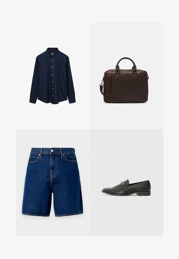Dunkelblaues langärmliges Hemd mit spitzem Kragen, vorderer Knopfverschluss und geradem Saum. Hergestellt aus einem glatten, texturierten Stoff.; Dunkelblaue Denim-Shorts mit mittlerer Leibhöhe, fünf Taschen, Kupferbeschlägen und kontrastierenden orangen Nähten.; Schwarzer Lederloafer mit glatter Oberfläche, ausgestattet mit einer gesteppten Gestaltung und einem dekorativen Metallkettendetail über dem Vorderblatt. Flacher Absatz.; Braune Leder-Laptoptasche mit strukturierter Oberfläche, doppelten Obergriffen, verstellbarem Gurt und zwei vorderen Schnallen für zusätzlichen Detailreichtum.