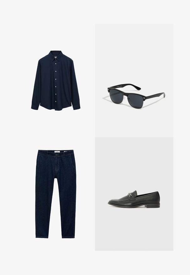 Tmavomodrá košeľa s dlhým rukávom, s špicatým golierom, predným zapínaním na gombíky a rovnou spodnou časťou. Vyrobená z hladkej, textúrovanej tkaniny.; Tmavomodré džínsy so strihom rovného strihu. Medzi vlastnosti patrí päť vreciek, pútka na opasok a zips s gombíkovým zapínaním.; Čierne kožené loafers s hladkým povrchom, s prešitým dizajnom a dekoratívnym kovovým reťazovým akcentom cez priehlavok. Plochý podpätok.; Čierne slnečné okuliare s obdĺžnikovým tvarom, tmavými sklami, striebornými akcentmi na bočných okrajoch a matným povrchom rámu.