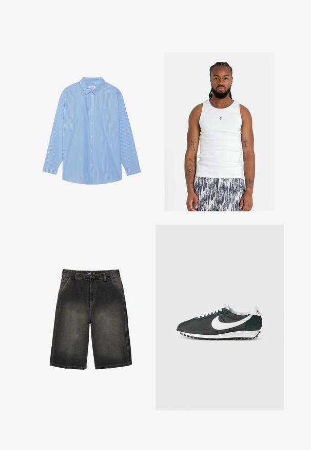 Blauw-wit gestreepte lange mouwen shirt met een klassieke kraag, knoopsluiting aan de voorkant en afgeronde zoom. Gemaakt van een lichtgewicht stof.; Witte geribbelde tanktop met een ronde halslijn, voorzien van een klein blauw logo. G gedragen met luchtige, gestreepte shorts in donkerblauw en wit.; Spijkerbroek shorts in een donkergrijze was, met vijf zakken, riemlussen en contrasterende stiksels. De stof vertoont subtiele vervaging.; Zwarte mesh sneakers van Nike met een witte swoosh, witte veters en donkergroene suède accenten. Voorzien van een gestructureerde zwarte rubberen zool.