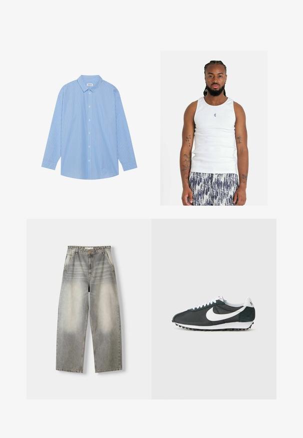 Blå och vit randig långärmad skjorta med klassisk krage, knappstängning och rundad nederkant. Tillverkad av ett lätt material.; Vit ribbad linne med rund halsringning, försedd med en liten blå logotyp. Bärs tillsammans med mönstrade, lätta shorts i mörkblått och vitt.; Breda jeans i en ljusgrå tvätt. Har en urtvättad finish, fem fickor och knappstängning. Materialet är mjuk denim.; Nike-sneakers i svart nät med vit swoosh, vita skosnören och mörkgröna mockadetaljer. Har en texturerad svart gummisula.