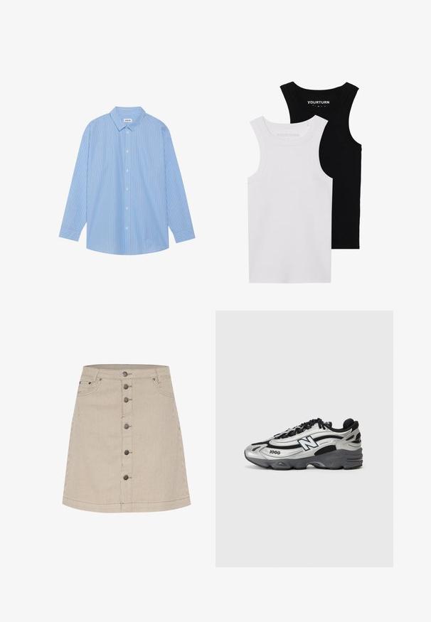 Camisa de manga larga a rayas azul y blanca con cuello clásico, cierre de botones en la parte delantera y dobladillo redondeado. Fabricada con un tejido ligero.; Dos tops de tirantes ajustados en negro y blanco. Están hechos de algodón acanalado, cuentan con tirantes anchos y escote redondeado. Con la marca en el cuello.; Falda de mezclilla a rayas beige con forma acampanada, que cuenta con un cierre de botón en la parte delantera, dos bolsillos laterales y detalles de costura sutiles.; Zapatillas deportivas plateadas y negras con parte superior de malla, suela acolchada, diseño de cordones y detalle de marca en el costado.