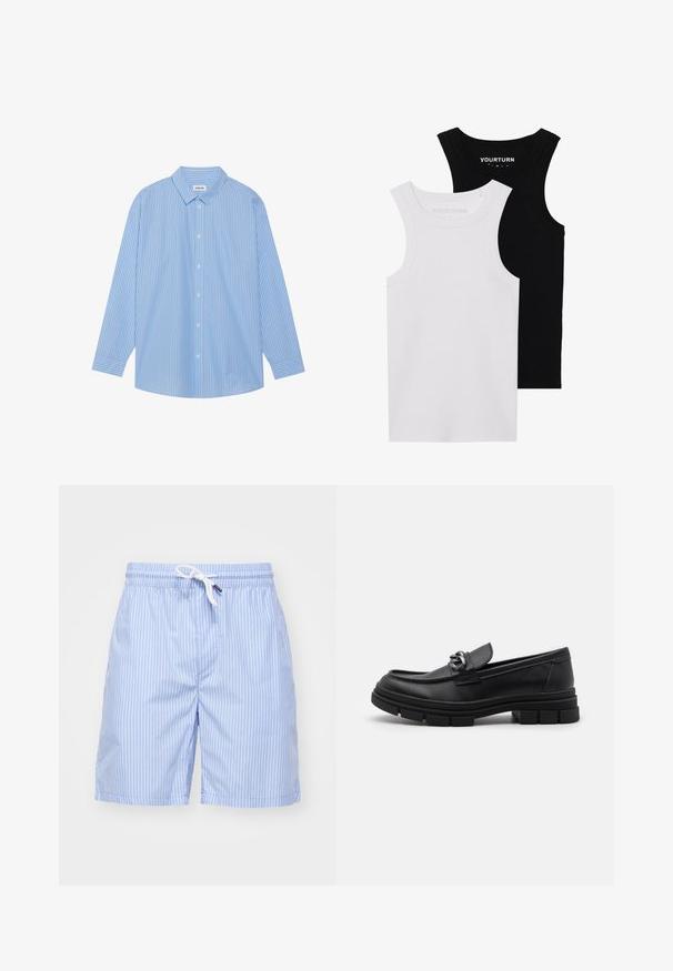 Blue and white striped long-sleeve shirt with a classic collar, button front, and rounded hem. Made of a lightweight fabric.; Two fitted tank tops in black and white. Made of ribbed cotton, they feature wide straps and rounded necklines. Branding on the collar.; Light blue striped swim shorts made of smooth fabric. Features a white drawstring and side pockets. Mid-thigh length with a straight cut.; Black leather loafer with a rounded toe, a decorative strap and hardware, and a chunky textured sole. Smooth finish with subtle detailing.