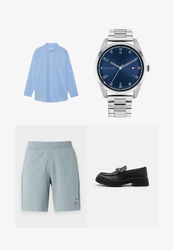 Cămașă cu mânecă lungă în dungi albastre și albe, cu guler clasic, închidere cu nasturi și tiv rotunjit. Confecționată dintr-un material ușor.; Două topuri cu mânecă scurtă, ajustate, în negru și alb. Realizate din bumbac striat, acestea au curele late și decolteuri rotunde. Branding pe guler.; Pantaloni scurți atletici de un albastru deschis, cu un brâu elastic, buzunare laterale și un mic patch cu logo-ul Puma pe partea din față stângă. Textură de țesătură netedă.; Mocasini din piele neagră cu vârful rotund, o curea decorativă și accesorii metalice, și o talpă chunky texturată. Finisaj neted cu detalii subtile.; Ceas metalic argintiu cu un cadran albastru periat, marcaje albe pentru ore și o afișare a datei. Dispune de o curea metalică legată și logo-ul mărcii.