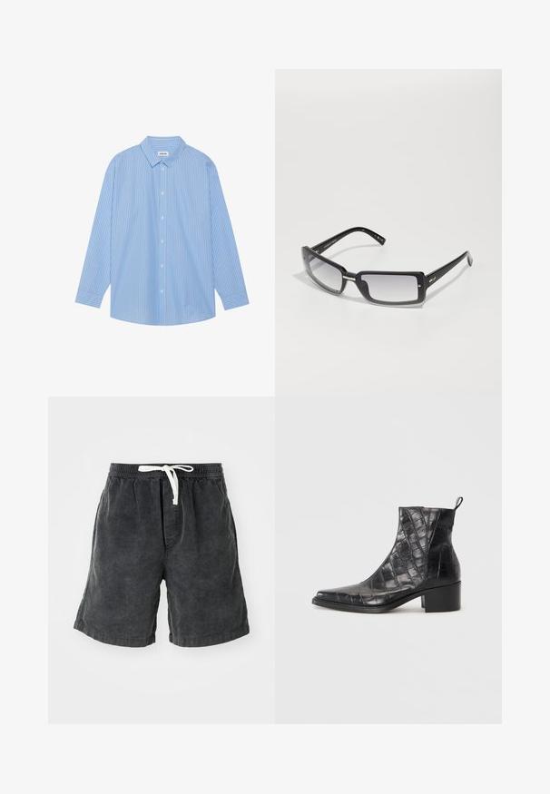 Blue and white striped long-sleeve shirt with a classic collar, button front, and rounded hem. Made of a lightweight fabric.; Corduroy shorts in dark gray with vertical stripes. Features an elastic waistband with a white drawstring. Casual design suitable for warm weather.; Black ankle boots made from textured faux leather with a crocodile pattern, featuring a square toe and a block heel.; Black rectangular sunglasses with a gradient lens, featuring a thick frame and metal accent details on the arms. Smooth texture throughout.