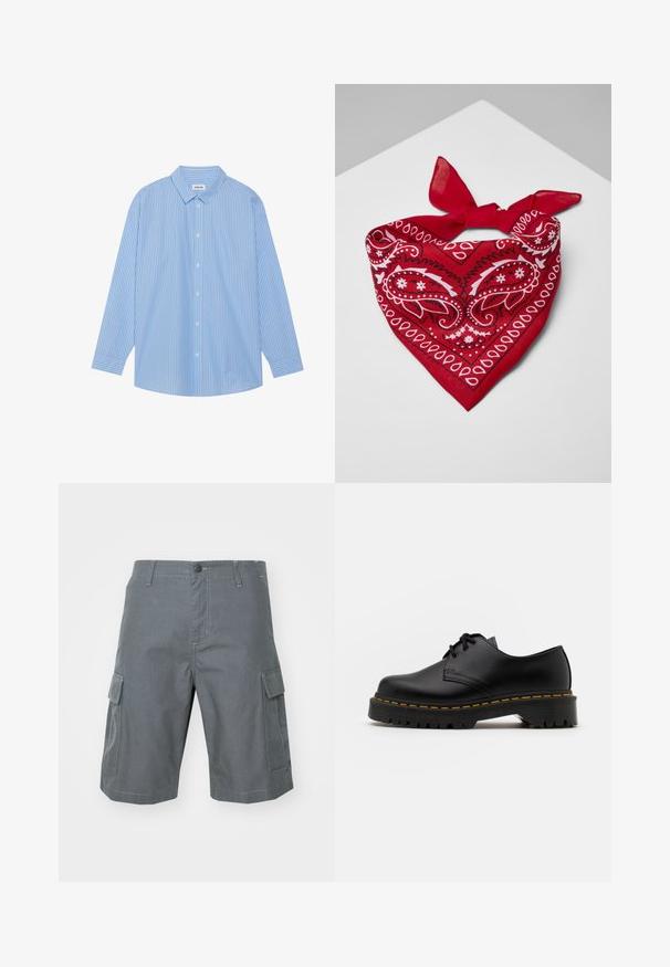 Camisa de manga larga a rayas azul y blanca con cuello clásico, cierre de botones en la parte delantera y dobladillo redondeado. Fabricada con un tejido ligero.; Carhartt WIP REGULAR CARGO COLUMBIA - Shorts - graphite; Zapato negro de cuero con cordones, punta redondeada, suela de goma texturizada y costuras amarillas alrededor de la base. Diseño plano y acabado suave.; Bandana de algodón rojo con estampados de paisley en blanco, con una forma triangular y un nudo acentuado atado en la parte superior.; Collar de conchas blancas compuesto por formas irregulares, usado sobre una camiseta ajustada blanca. Textura suave con un brillo sutil, diseño ceñido.