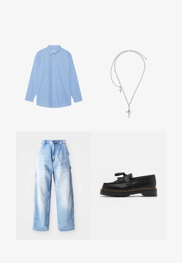 Siniset ja valkoiset raidalliset pitkähihaiset paidat, joissa on klassinen kaulus, nappikirjaus edessä ja pyöristetty helma. Valmistettu kevyestä kankaasta.; Vaaleansiniset farkut, joissa on leveä lahje ja korkea vyötärö, edessä napitus, vyölenkit ja hieman haalistuneita kohtia kankaassa.; Musta nahkakengät, joissa on tupsuakkentti, paksu musta pohja ja keltainen ommel reunassa. Rakeinen pinta.; Heideman LUCA - Kaulakoru - silberfarben poliert