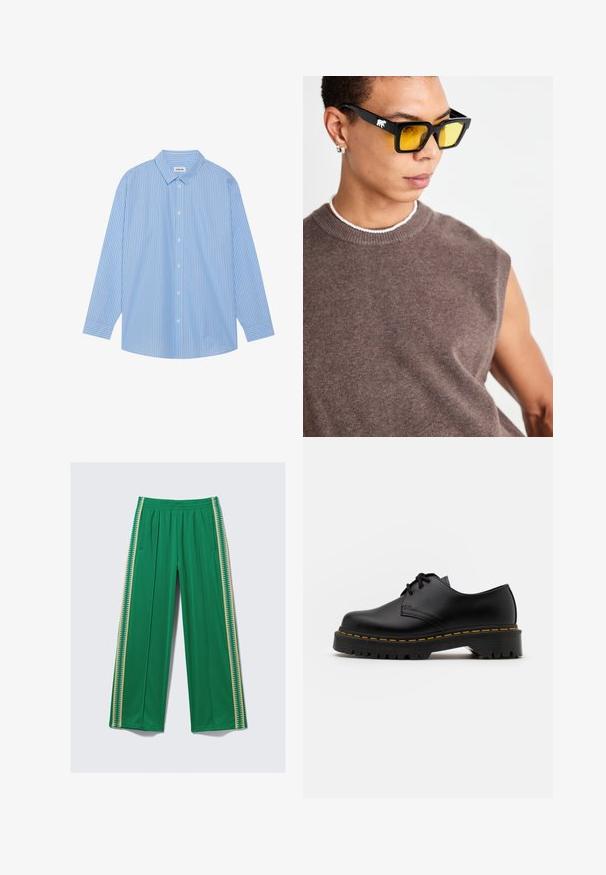 Modrá a bílá pruhovaná košile s dlouhým rukávem, klasickým límečkem, zapínáním na knoflíky a kulatým spodním okrajem. Vyrobeno z lehké tkaniny.; Zelené široké kalhoty z hladké látky s elastickým pasem a kontrastními žlutými bočními pruhy se vzorem cikcak.; Černá kůže šněrovací boty s kulatou špičkou, texturovanou gumovou podrážkou a žlutým prošíváním kolem základny. Plný design a hladký povrch.; Černé obdélníkové sluneční brýle se žlutými skly, nošené s hnědým bezrukávovým svetrem. Rám brýlí je doplněn bílým logem medvěda.