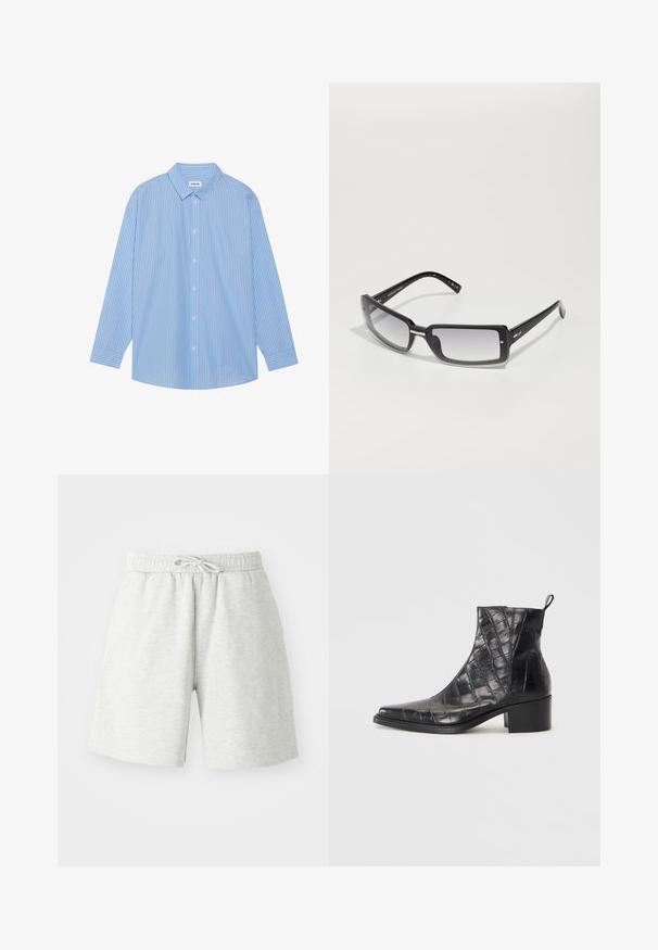 Chemise à manches longues rayée bleu et blanc avec un col classique, des boutons à l'avant et un ourlet arrondi. Fabriquée en tissu léger.; Shorts en coton gris clair avec une taille élastique, un cordon de serrage et des poches latérales. Texture douce, design longueur genoux.; Bottines noires en cuir synthétique texturé avec un motif crocodile, présentant un bout carré et un talon bloc.; Lunettes de soleil noires rectangulaires avec des verres dégradés, présentant une monture épaisse et des détails en métal sur les branches. Texture lisse sur l'ensemble.