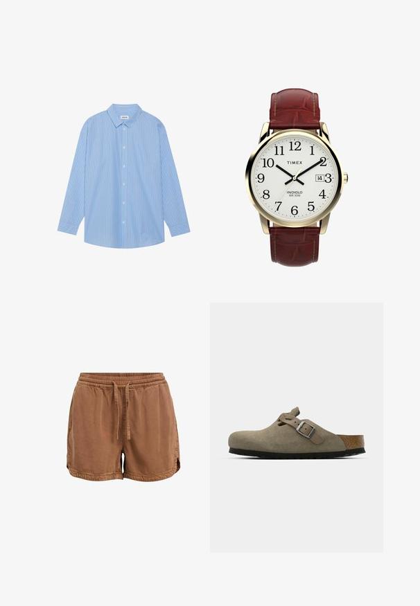 Blau- und weiß gestreiftes Langarmhemd mit klassischem Kragen, Knopfleiste und abgerundetem Saum. Hergestellt aus einem leichten Stoff.; Braune Shorts aus weichem Stoff, mit elastischem Bund, verstellbarem Kordelzug und Seitentaschen. Saum mit kleinen seitlichen Schlitzen.; Wildleder-Clogs in hellolivgrün mit einer geformten Kork- und Gummisohle. Verfügt über einen Seitenriemen mit einer metallischen Schnalle und einer abgerundeten Zehenpartie.; Timex-Uhr mit weißem Zifferblatt, schwarzen arabischen Ziffern und Gehäuse in goldfarbener Ausführung. Verfügt über ein Armband aus braunem Leder im Krokodil-Prägung und ein Datumsfenster.