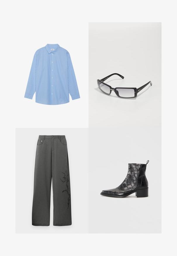 Blå og hvit stripete langermet skjorte med klassisk krage, knappelukking foran og avrundet skjert. Laget av et lett stoff.; Bredde ben, stripete bukser i mørkegrått stoff, med frontlommer og et svart dekorativt trykk på venstre side.; Svarte ankelstøvler laget av teksturert faux skinn med krokodillemønster, med firkantet tå og blokkhæl.; Svarte rektangulære solbriller med gradientlinser, med en tykk ramme og metallaksenter på armene. Jevn tekstur gjennom hele.