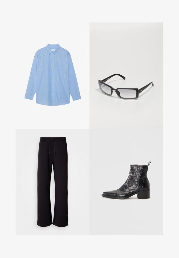 Blue and white striped long-sleeve shirt with a classic collar, button front, and rounded hem. Made of a lightweight fabric.; Black sweatpants made of soft material, featuring a drawstring waist, loose fit, and straight leg design. Minimalist style with no patterns.; Black ankle boots made from textured faux leather with a crocodile pattern, featuring a square toe and a block heel.; Black rectangular sunglasses with a gradient lens, featuring a thick frame and metal accent details on the arms. Smooth texture throughout.