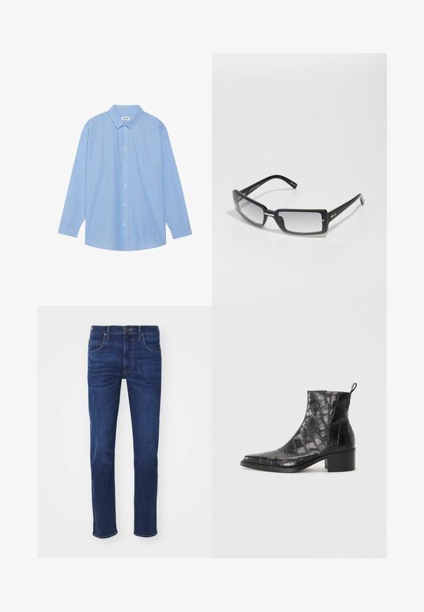 Kék és fehér csíkos, hosszú ujjú ing klasszikus gallérral, gombos elülső résszel és lekerekített aljjal. Könnyű anyagból készült.; Kék farmernadrág egyenes lábbal, öt zsebből és gombos záródással. Az anyag sima tapintású, enyhén megfakult.; Fekete bokapántos csizmák, melyek texturált műbőrből készültek krokodil mintával, négyzet alakú orral és tömbsarkúval rendelkeznek.; Fekete, téglalap alakú napszemüveg, átmeneti lencsékkel, vastag kerettel és fém díszítésekkel a szárakon. Az egész felülete sima.
