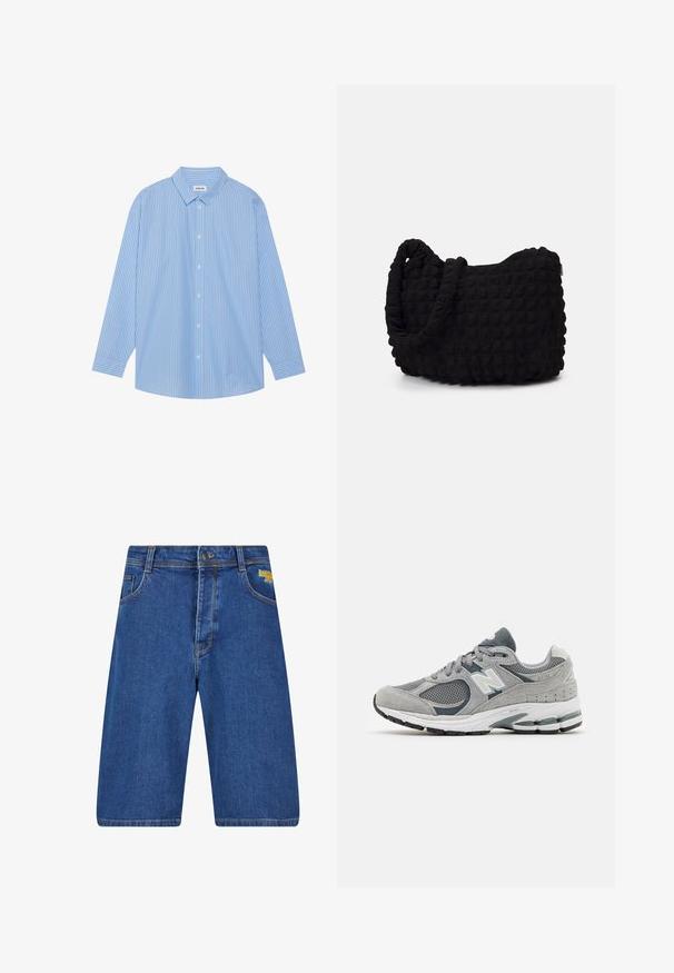 Mėlynai ir balta juostuota ilgo rankovio marškiniai su klasikinėmis apykaklėmis, mygtukų užsegimu ir apvaliomis kraštinėmis. Pagaminta iš lengvo audinio.; Tamsiai mėlynos džinsinės šortai su laisvu siluetu, turintys standartinį penkių kišenių dizainą, geltoną logotipą ir kontrastingas siūles.; Pilki sportiniai bateliai, pagaminti iš tinklinės ir zomšinės medžiagos, su balta logotipu, paminkštintu apvalkalu ir tekstūruota gumine podeve. Akeriai tamsesnės pilkos spalvos.; Juodas audinio maišelis su tekstūruota, siuvinėta raštu. Apvalios formos, trumpi, stori rankenėlės ir minkšta, lanksti struktūra.; Sidabrinis metalinis laikrodis su šlifuotu mėlynu ciferblatu, baltais valandų žymekliais ir datos indikacija. Yra metalinė grandinė ir prekės ženklo logotipas.