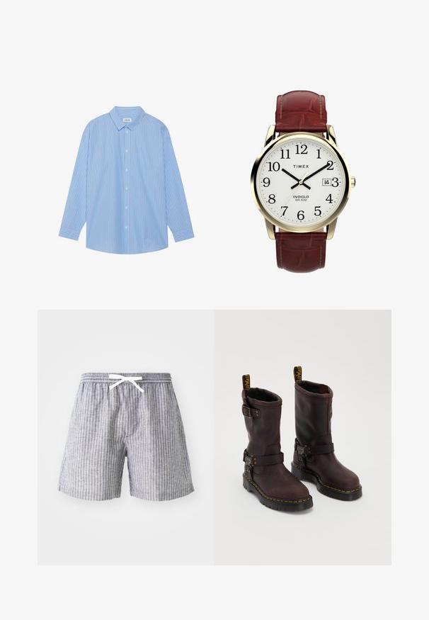 Zila un balta svītraina krekla ar garām piedurknēm, klasisku apkakli, pogu priekšpusi un noapaļotu apakšmalu. Izgatavots no viegla auduma.; Pelēkas svītrainas šorti ar aukliņu jostasvietā, izgatavoti no viegla auduma. Iezīmējas ar vertikālām baltām svītrām un brīvu, komfortablu piegriezumu.; Brūni ādas zābaki ar vidēja teļa dizainu, aprīkoti ar siksnu un sprādzi, biezu melnu zoli un dzeltenām šuvēm.; Timex pulksteņi ar baltu ciparnīcu, melniem arābu skaitļiem un zelta krāsas korpusu. Tam ir brūns ādas siksniņa ar krokodila rakstu un datuma logs.