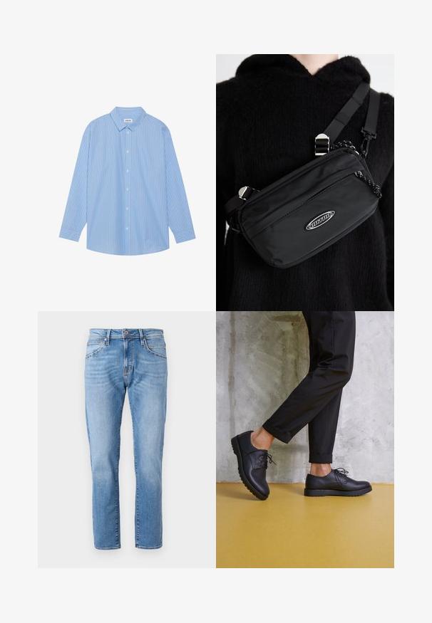 Siniset ja valkoiset raidalliset pitkähihaiset paidat, joissa on klassinen kaulus, nappikirjaus edessä ja pyöristetty helma. Valmistettu kevyestä kankaasta.; Vaaleansiniset farkut suoranlahkeisella leikkauksella, klassinen viiden taskun malli, hienoinen kuluminen ja kontrastivärinen nappisuljenta vyötäröllä.; Mustat nauhalliset nahkakengät, pyöreä kärki ja kuvioitu kumipohja. Päällä mustat polvipituisiin housuihin leikattuissa muodissa, betoni-taustaa vasten.; Mustekchiefi musta nailon crossbody-kotelo säädettävällä hihnalla, jossa on sileä pinta, etupuolen vetoketjutasku ja logotunnus.