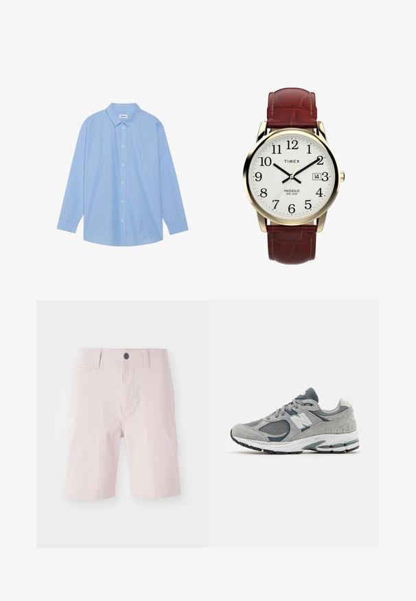 Mėlynai ir balta juostuota ilgo rankovio marškiniai su klasikinėmis apykaklėmis, mygtukų užsegimu ir apvaliomis kraštinėmis. Pagaminta iš lengvo audinio.; Šviesiai rožiniai šortai, pagaminti iš medvilnės, su lygiu priekiu, diržo kilpomis, vieno mygtuko uždarymu ir šoninėmis kišenėmis. Lygi tekstūra.; Pilki sportiniai bateliai, pagaminti iš tinklinės ir zomšinės medžiagos, su balta logotipu, paminkštintu apvalkalu ir tekstūruota gumine podeve. Akeriai tamsesnės pilkos spalvos.; Timex laikrodis su baltu ciferblatu, juodais arabų skaičiais ir auksinės spalvos korpusu. Ypatybės: rudos spalvos odinė apyrankė su krokodilų raštu ir datos langeliu.