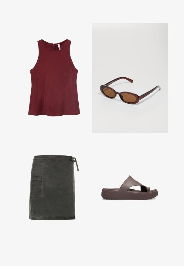 Burgundy sleeveless top with a high neckline, smooth texture, and a back zipper detail. No patterns; features tailored sides.; Grey denim skirt with a straight cut, side pocket, and adjustable tie closure at the waist. Features a soft texture and minimalist design.; Brown platform sandals with rubber material, featuring a cross-strap design, open toe, and textured sole for grip. Logo on the side.; Round, brown-tinted sunglasses with a glossy burgundy frame. Slim arms with subtle branding detail. Flat lens design.; Black leather handbag with two front zip pockets, a single shoulder strap, and silver hardware. Smooth texture and sleek design.