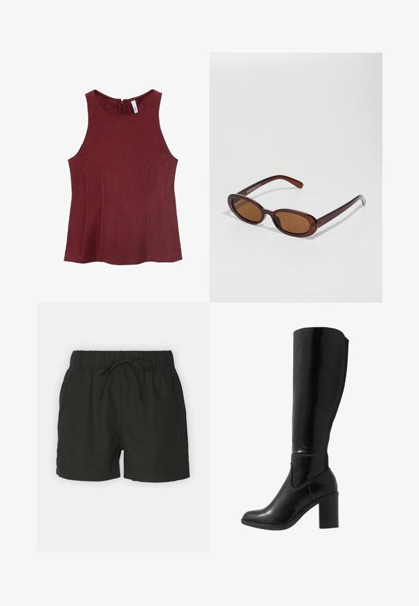 Haut sans manches bordeaux avec un col haut, texture lisse et fermeture éclair au dos. Pas de motifs ; présente des côtés ajustés.; Shorts en lin noirs avec une taille élastique et un cordon de serrage réglable. Ils présentent un design simple et une texture respirante.; Bottes noires à talons vernies hauteur genou, avec un bout arrondi, une texture lisse, un détail de découpe sur le côté et un talon empilé chunky.; Lunettes de soleil rondes teinte brun avec une monture bordeaux brillante. Branches fines avec un détail de marque subtil. Design de verres plats.; Sac à main en cuir noir avec deux poches zippées à l'avant, une bandoulière et des détails en métal argenté. Texture lisse et design épuré.