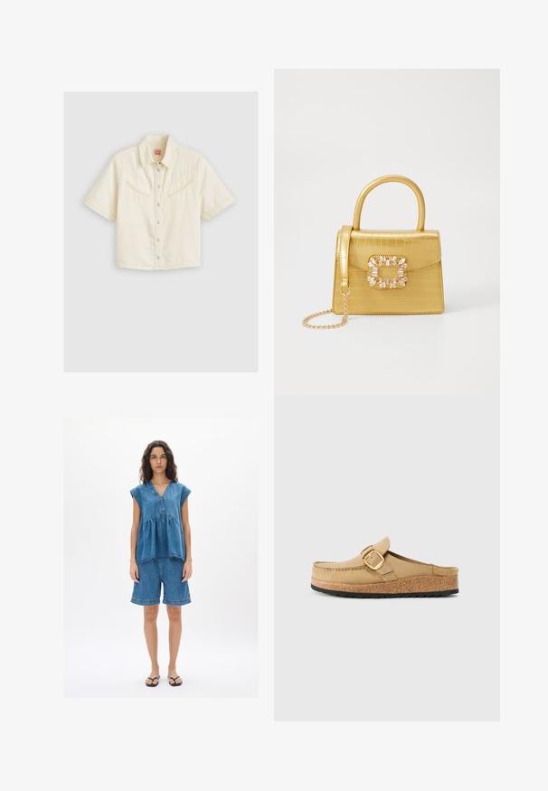 Short-sleeve button-up shirt in cream cotton. Features two chest pockets with angled flaps, a classic collar, and silver snap buttons.; Denim outfit featuring a short-sleeve, V-neck top and knee-length shorts. The fabric is blue, with a loose fit and visible stitching details.; Beige clogs with a wide strap and gold buckle, made from soft material, featuring a cork midsole and a textured black rubber outsole.; Yellow faux-crocodile handbag with a structured design, top handle, detachable chain strap, and decorative crystal embellishment on the clasp.