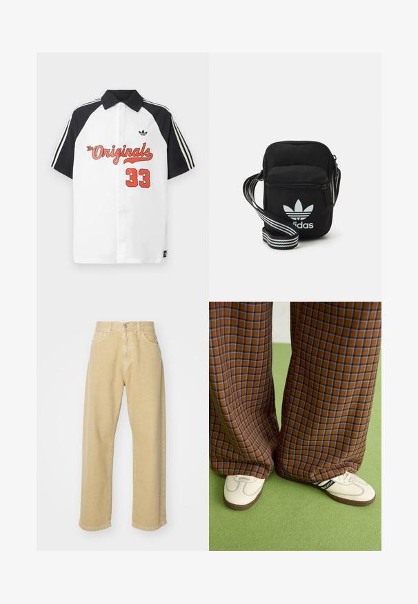 Bela kratka polo majica s črnim ovratnikom, črnimi rokavi, rdečo grafiko "The Originals" in rdečim napisom "33" na sprednji strani.; Bež jeans hlače s ravnim krojem, ki imajo pet žepov, gumbasto zapiranje in urejen rob. Mehka tekstura.; Rjave in modre kariraste hlače širokih nogavic, v kombinaciji z belimi čevlji, ki imajo črne poudarke in teksturirane podplate, na zeleni podlagi.; Črna tkaninska torbica čez ramo z zadrgo, ki vsebuje belo Adidasovo logo in pridelano naramnico z več črtami za enostavno nošenje.