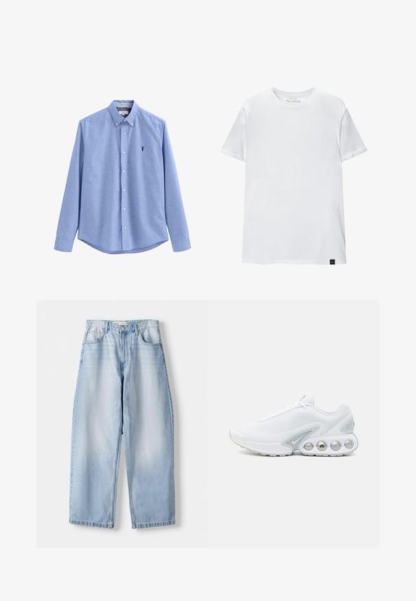 Cămașă albastru deschis cu mâneci lungi, guler răspândit și un mic emblema cu homar navy pe pieptul stâng. Material neted, croială ajustată.; Tricou alb, ajustat pe corp, din bumbac. Gât rotund, mâneci scurte, textură netedă. Etichetă mică de logo negru la margine. Design simplu.; Jeans din denim albastru deschis, cu picioare largi, talie medie, design cu cinci buzunare și decolorare subtilă; finisate cu o margine dreaptă și curea.; Tenis alb din plasă cu accente gri, vârf rotund și talpă căptușită vizibilă cu buzunare de aer circulare și detalii de marcă.