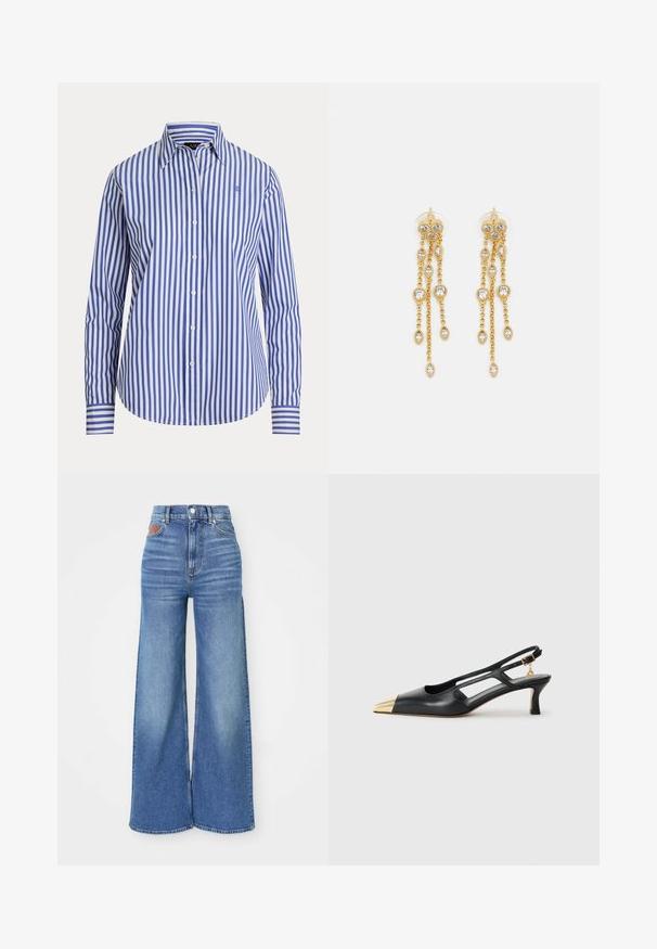Blå og hvit stripet skjorte med knapper laget av bomull. Har spiss krage, lange ermer og en avrundet hem med en liten logo.; Høyt livde vide ben-jeans i lyseblå denim med lett falming, med knappe-lukking og lærdetaljer på bakliven.; Svarte skinn slingback-sko med spiss tå og gullmetallhette. Har utskjæringsdesign og en slank hæl med justerbar stropp.; Gullfargede øreringer med flere hengende kjeder, med klare ovale rhinestein aksenter og dekorative stud-topper.