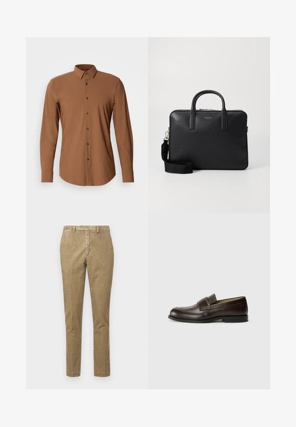 Brązowa koszula z długim rękawem i kołnierzykiem zapinanym na guziki, o gładkiej fakturze i brązowych guzikach. Posiada zaokrąglony dół i dopasowany krój.; Beżowe spodnie zystyczne o prostym kroju, z zapięciem na guzik i kieszeniami z przodu. Gładka faktura z widocznym prążkowanym wzorem.; Calvin Klein - Półbuty wsuwane; Czarna skórzana teczka o teksturowanym wykończeniu, z podwójnymi uchwytami, odpinanym paskiem na ramię oraz logo z przodu. Zamek błyskawiczny.