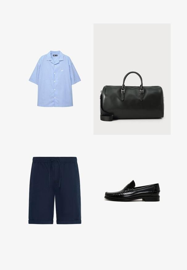 Camicia a maniche corte con bottoni di colore azzurro chiaro a righe verticali bianche. Presenta un colletto classico e un piccolo logo sul petto. Tessuto dalla consistenza liscia.; Pantaloni corti blu navy realizzati in tessuto leggero, dotati di una vita elastica con coulisse e orli arrotolati per un look casual.; Mocassini in pelle nera con punta arrotondata, dettagli cuciti lungo i bordi e tacco basso a blocco. Texture liscia e design minimalista.; Borsa da viaggio in pelle nera con doppie maniglie, accessori in argento e una tracolla regolabile. Texture liscia con chiusura a zip.