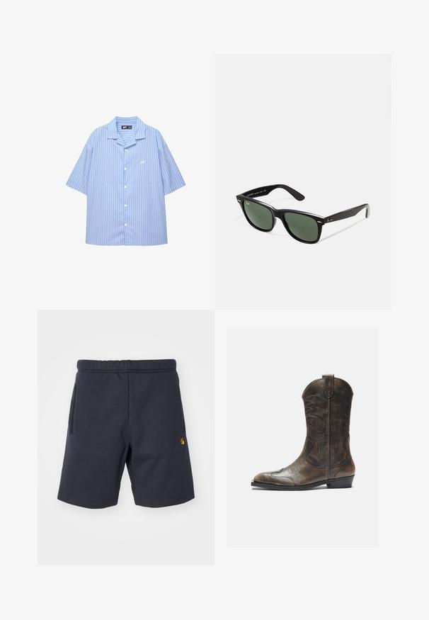 Košeľa s krátkym rukávom v svetlomodrej farbe s bielymi vertikálnymi pruhmi. Obsahuje klasický golier a malú nášivku na prsiach. Hladká textúra látky.; Námornícke modré bavlnené šortky s elastickým pásom, dvomi bočnými vreckami a malým logom na ľavej nohe. Hladká textúra.; Hnedá kožená kovbojská topánka s vysokým ťahom, špicatou špičkou, zložitými vyšívacími vzormi a malým opätkom. Textúrovaný povrch po celom obvode.; Čierne plastové slnečné okuliare so zelenými šošovkami, štvorcové rámy, strieborný akcent na obočí a textúrované ramenné opierky. Brand uvedený na vnútornej strane ramien.