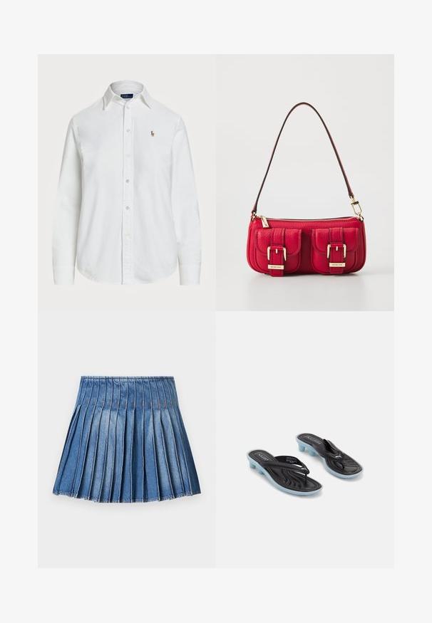 Fehér, gombos, pamut ing klasszikus gallérral, hosszú ujjakkal, és egy kis hímzett logóval a mellkasán. Texturált anyag.; Farmernadrág anyagú, redőzött szoknya, szoros derékpánttal, közepes kék színben, függőleges redőkkel és kontrasztos varrással.; Fekete és kék Puma papucsok alacsony blokk sarkakkal és pántos dizájnnal fehér háttér előtt.; Piros bőr táska két elülső zsebbel, arany hardware-rel és cipzáras záródással. Ívelt vállpántja és texturált felülete van.