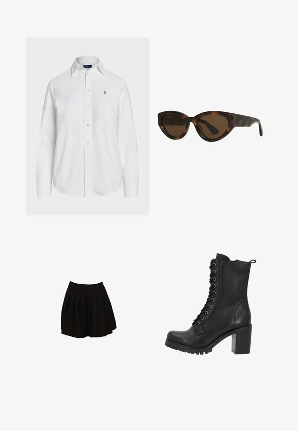 Camicia bianca a maniche lunghe in cotone, con colletto classico e un piccolo logo ricamato sul petto. Tessuto strutturato.; Gonna nera plissettata con vita aderente e un dettaglio a bottone singolo. Il tessuto appare liscio e leggero, progettato per una silhouette svasata.; Stivaletto in pelle nera fino alla caviglia, con punta rotonda, allacciatura frontale e tacco a blocco robusto. Presenta una superficie testurizzata e dettagli del logo sul lato.; Occhiali da sole a forma di cat-eye con montatura tartarugata e lenti marroni, dotati di una struttura in plastica liscia e lucida e un design elegante. Senza loghi o dettagli visibili.