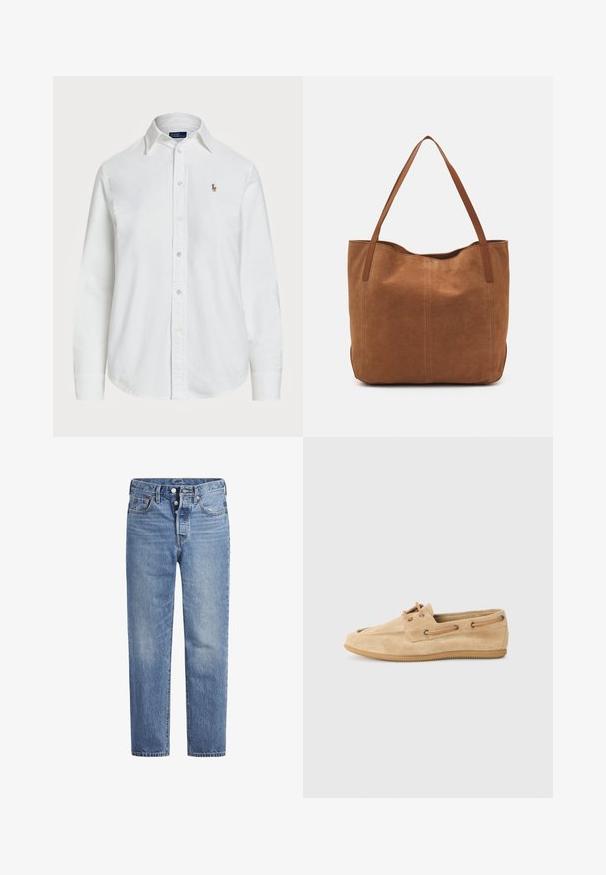 Camisa blanca de botón hecha de algodón con cuello clásico, mangas largas y un pequeño logo bordado en el pecho. Tejido texturizado.; Jeans de mezclilla azul claros con corte recto, diseño de cinco bolsillos y cierre de botón. Presentan un ligero desvanecimiento y acentos de costura en naranja.; Zapato de ante beige con punta redondeada, suela de goma plana y detalles de cordones. Presenta acentos de cuero marrón y costuras a lo largo de los laterales.; Bolso tote de ante marrón con dos asas largas, que presenta una textura suave, un diseño simple y sin herrajes ni acentos visibles.