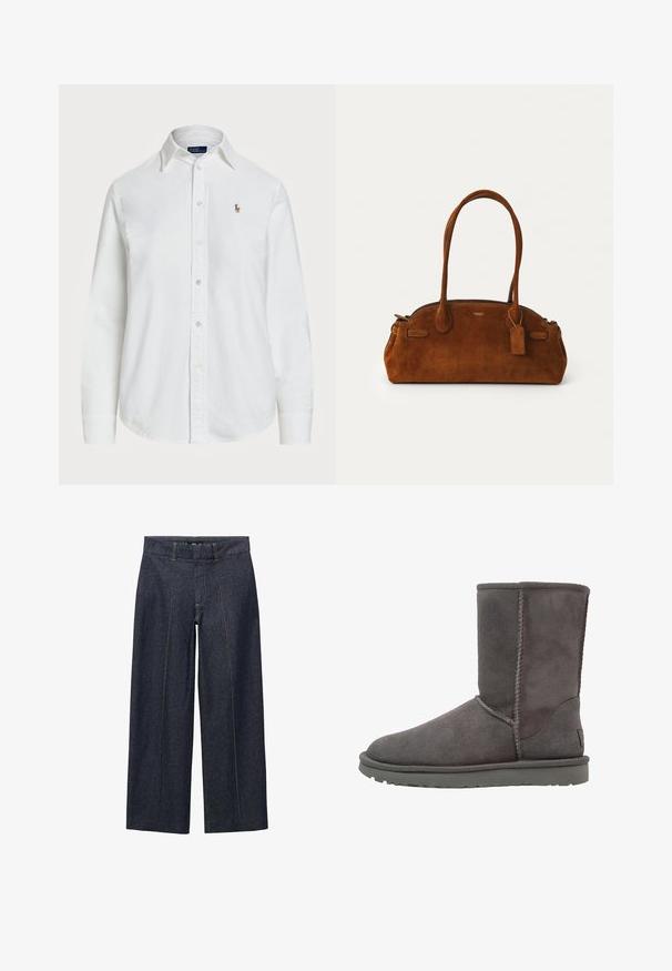 Bela srajca s kratkimi in dolgimi rokavi iz bombaža z klasičnim ovratnikom ter majhnim vezenim logotipom na prsih. Teksturirana tkanina.; Temno modri široki hlače iz denima s sprednjimi šivi in standardnim pasom. Ponuja oranžne šive in skrajšano dolžino.; Sivi nubuk čizmi do gležnja s zaobljenim vrhom, vertikalnim šavom i ravnim gumiranim potplatom. Ima jednostavan, neukrašen dizajn.; Rjava semiš torbica z dvema zaobljenima ročkama, zlatim okovi, majhno oznako in gladkim zadrgo za zapiranje. Ima subtilne šive.