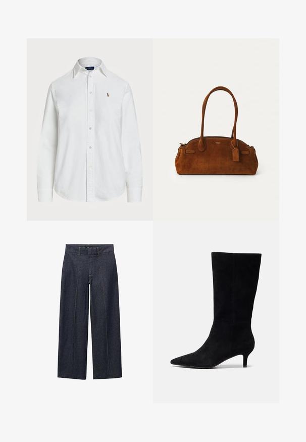 White button-up shirt made of cotton with a classic collar, long sleeves, and a small embroidered logo on the chest. Textured fabric.; Dark blue denim wide-leg trousers with front seams and a standard waistband. Features orange stitching and a cropped length.; Black suede ankle boot with a pointed toe, slim heel, and smooth texture, featuring a fitted silhouette and no visible hardware.; Brown suede handbag with two rounded handles, gold hardware, a small tag, and a smooth zipper closure. Features subtle stitched accents.