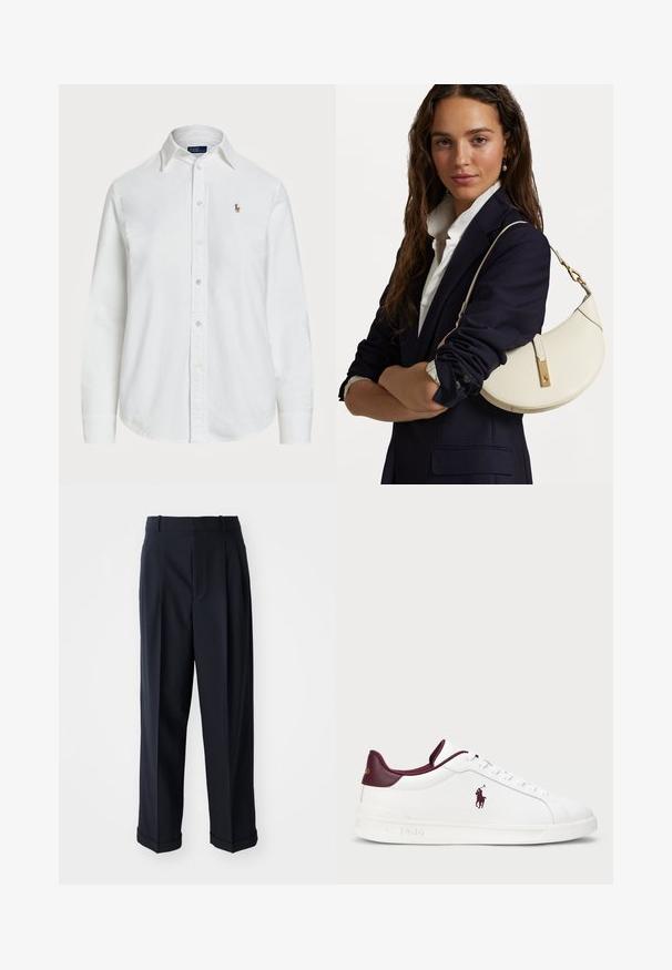 Bela srajca s kratkimi in dolgimi rokavi iz bombaža z klasičnim ovratnikom ter majhnim vezenim logotipom na prsih. Teksturirana tkanina.; Morske, visok pas hlače iz gladkega materiala. Imajo pregibno zasnovo in zložene obrobe za eleganten videz.; Bele usnjene superge z burgundskimi akcenti, okroglo konico, vtisnjenim logotipom in ravnimi vezalkami. Texturirana podplat in gladke površinske detajle.; Bela usnjena torbica s ukrivljeno obliko, z zlatimi dodatki in teksturirano površino, nošena čez temen blazer in belo srajco.