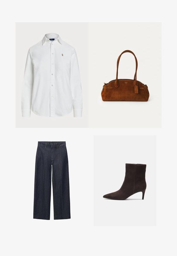 Biała koszula z długim rękawem wykonana z bawełny, z klasycznym kołnierzykiem i małym haftowanym logo na piersi. Teksturowana tkanina.; Granatowe dżinsowe spodnie o szerokim kroju z przednimi szwami i standardowym paskiem w talii. Posiadają pomarańczowe przeszycia i skróconą długość.; Brązowe zamszowe botki za kostkę z ostrym noskiem i 3-calowym obcasem, charakteryzujące się gładką fakturą i minimalistycznym designem. Zamek błyskawiczny z tyłu.; Brązowa torebka z zamszu z dwiema zaokrąglonymi uchwytami, złotą okuciami, małą zawieszką i gładkim zamkiem błyskawicznym. Posiada subtelne przeszycia.