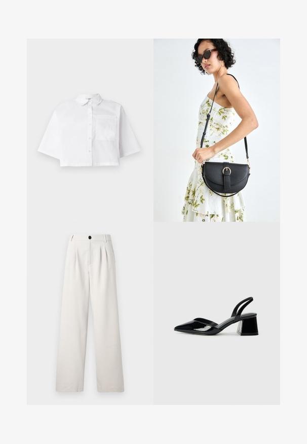 White cropped shirt made of cotton, featuring a button-up front, a classic collar, and a single chest pocket with short sleeves.; Beige wide-leg trousers made from smooth fabric, featuring front pleats, a single button closure, and side pockets for practicality.; Black patent leather slingback heels with a pointed toe and a geometric block heel. Features a sleek, minimal design and smooth texture.; Black leather handbag with a curved shape, detachable strap, and gold hardware. The bag features a flap with a buckle detail.