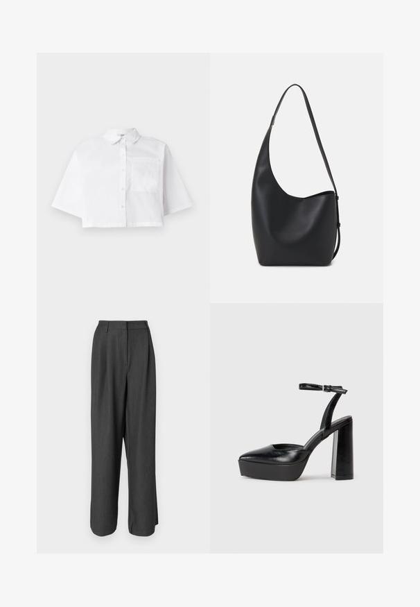 Hvit kortermet skjorte laget av bomull, med knapper foran, klassisk krage og en enkelt brystlomme med korte ermer.; Mørk grå, vide bukser med skreddersydd design. Har en jevn tekstur, pressetekst og midjehøyde.; Sorte plattformhelter med spiss tå og justerbar ankelrem. Laget av glatt lær, med en robust blokkhel.; Svart lær hobo-veske med glatt tekstur, buet form og enkelt justerbart stropp; har en bred åpning på toppen.