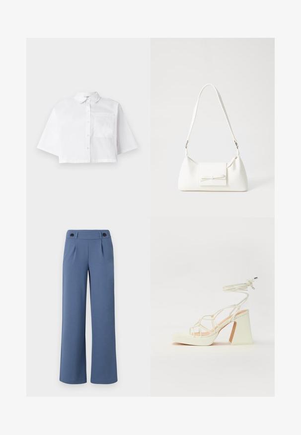 Bela skrajšana majica iz bombaža, ki ima sprednje gumbe, klasičen ovratnik in en sam žep na prsih, s kratkimi rokavi.; Modre široke hlače iz gladkega materiala, z ravnim sprednjim delom, dvema naborkoma in dvema črnima gumboma na pasu.; Bela sandala na visokih petah s debelim petam, ki ima obliko trakcev in vezanje okoli gležnja. Gladka tekstura z platformo spredaj za dodatno višino.; Bela sintetična torbica v obliki trikotnika, z ravnim sprednjim poklopcem in detajlom mašne, nastavljivim trakom, gladko teksturo in minimalističnim dizajnom.