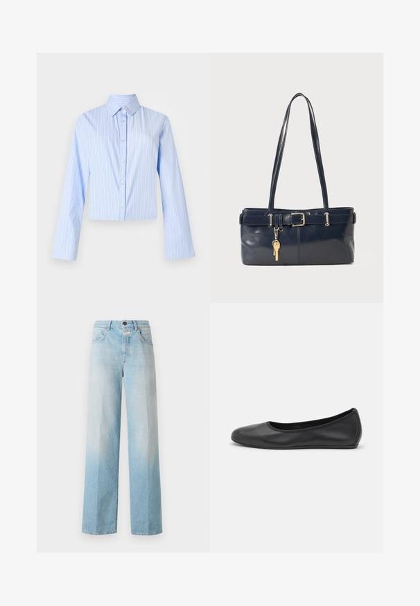 Světle modrá zkrácená košile s vertikálními bílými pruhy, dlouhými rukávy, knoflíkovou přední částí a klasickým límečkem. Hladká textura látky.; Světle modré denimové široké džíny se světlým gradientem, které mají klasický pětikusový design a kovové uzavírání na knoflík.; Černé kožené baletní byty s kulatou špičkou, hladkou texturou, minimálními švy a flexibilním designem podrážky.; Námořnická kožená kabelka s dvěma dlouhými uchy, detaily s přezkou a připevněným klíčenkou. Vyznačuje se hladkým povrchem a obdélníkovým tvarem.